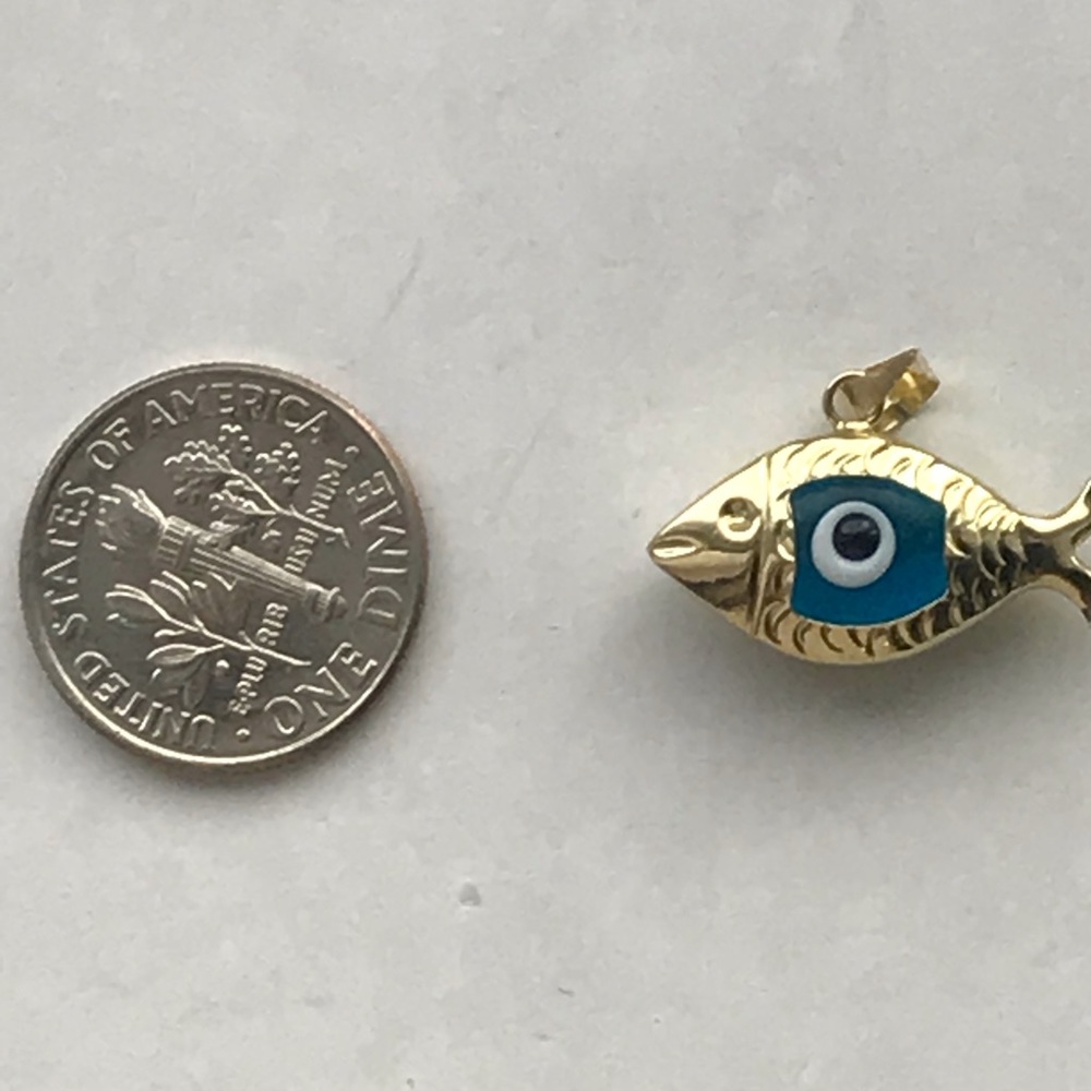 14 karat gold evil eye  fish pendant  14k printed